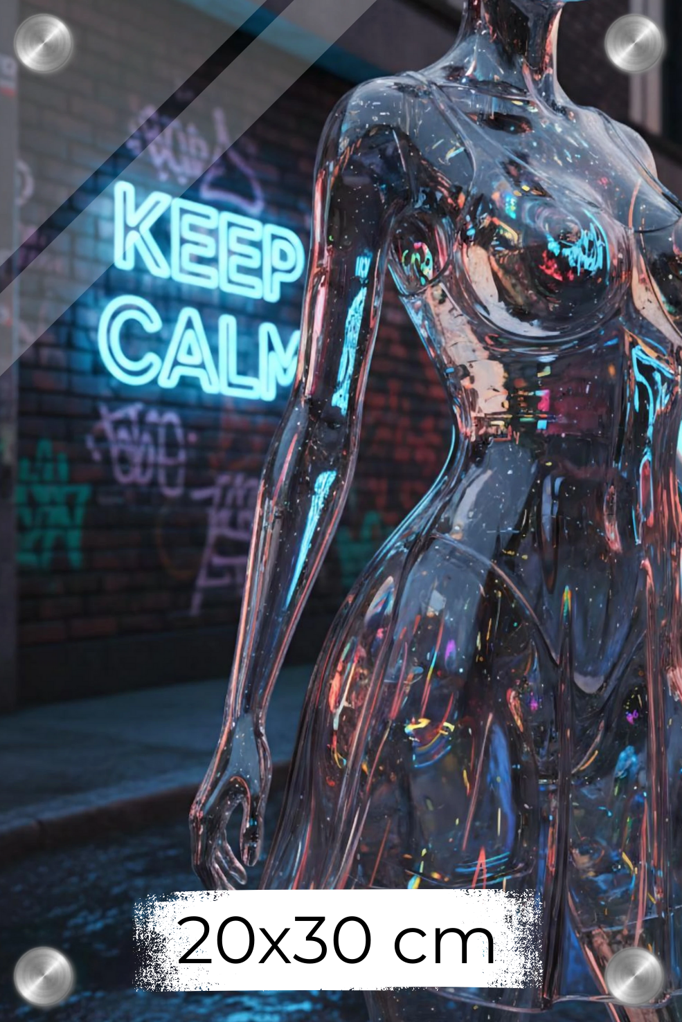 Wandbild einer transparenten Frauenfigur aus Glas vor einer Backsteinwand mit blauem 'Keep Calm' Neonschild. Acryl 20x30 cm