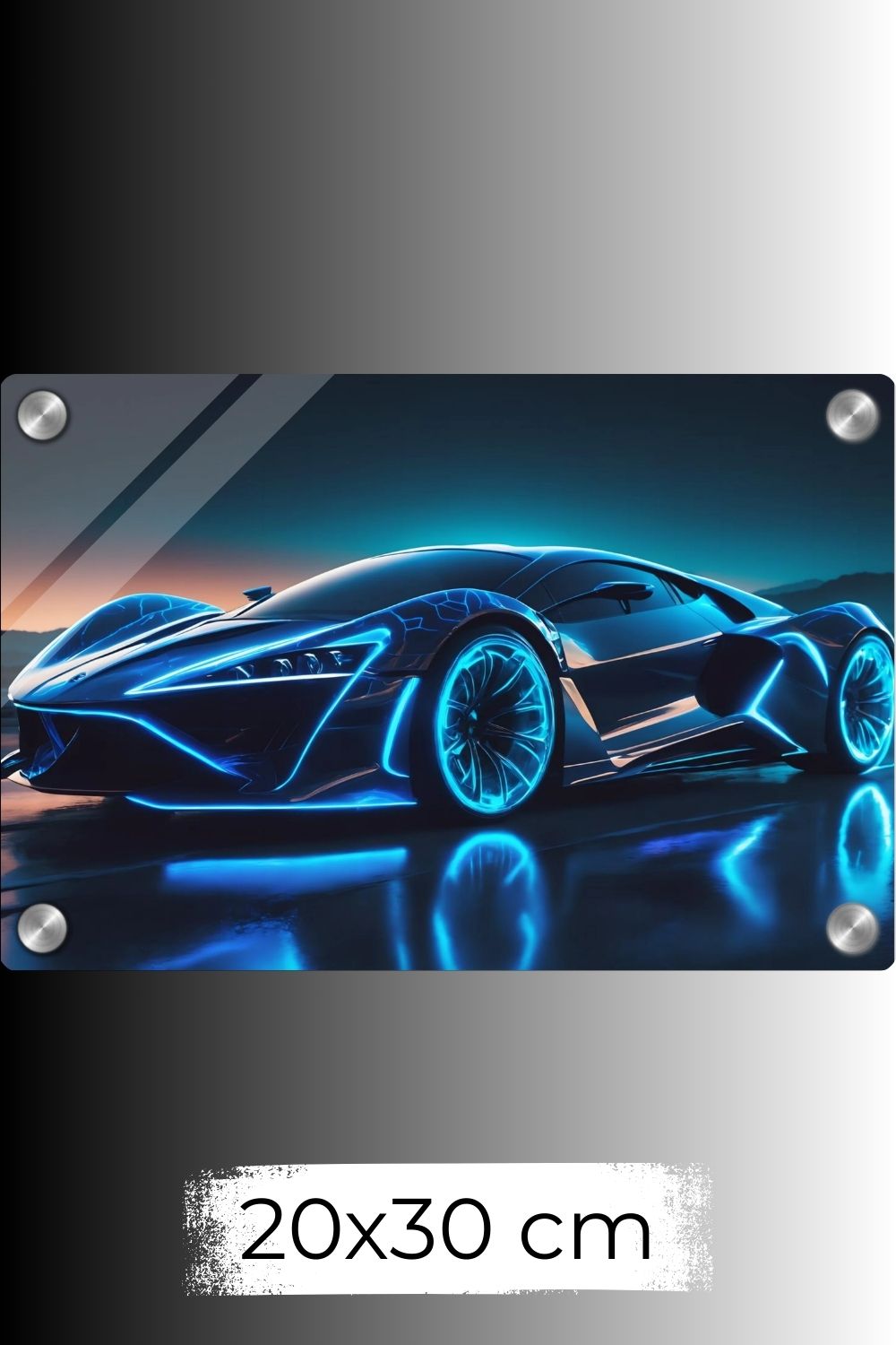 Futuristisches Hypercar-Wandbild in Schwarz mit leuchtend blauen Neon-Konturen und glühenden Felgen auf nasser Fahrbahn bei Nacht. 60x90 cm. Acryl 20x30 cm