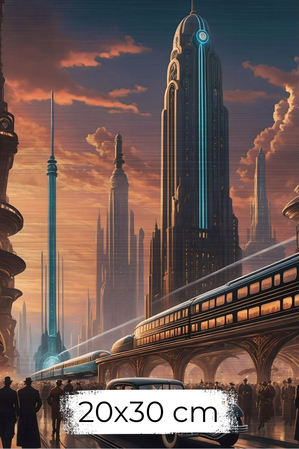 Cineastische Szene einer futuristischen Stadt im Art-Déco-Stil mit einem schwarzen Oldtimer, einem modernen Schnellzug und einer Skyline im goldenen Sonnenuntergang Brushed 20x30 