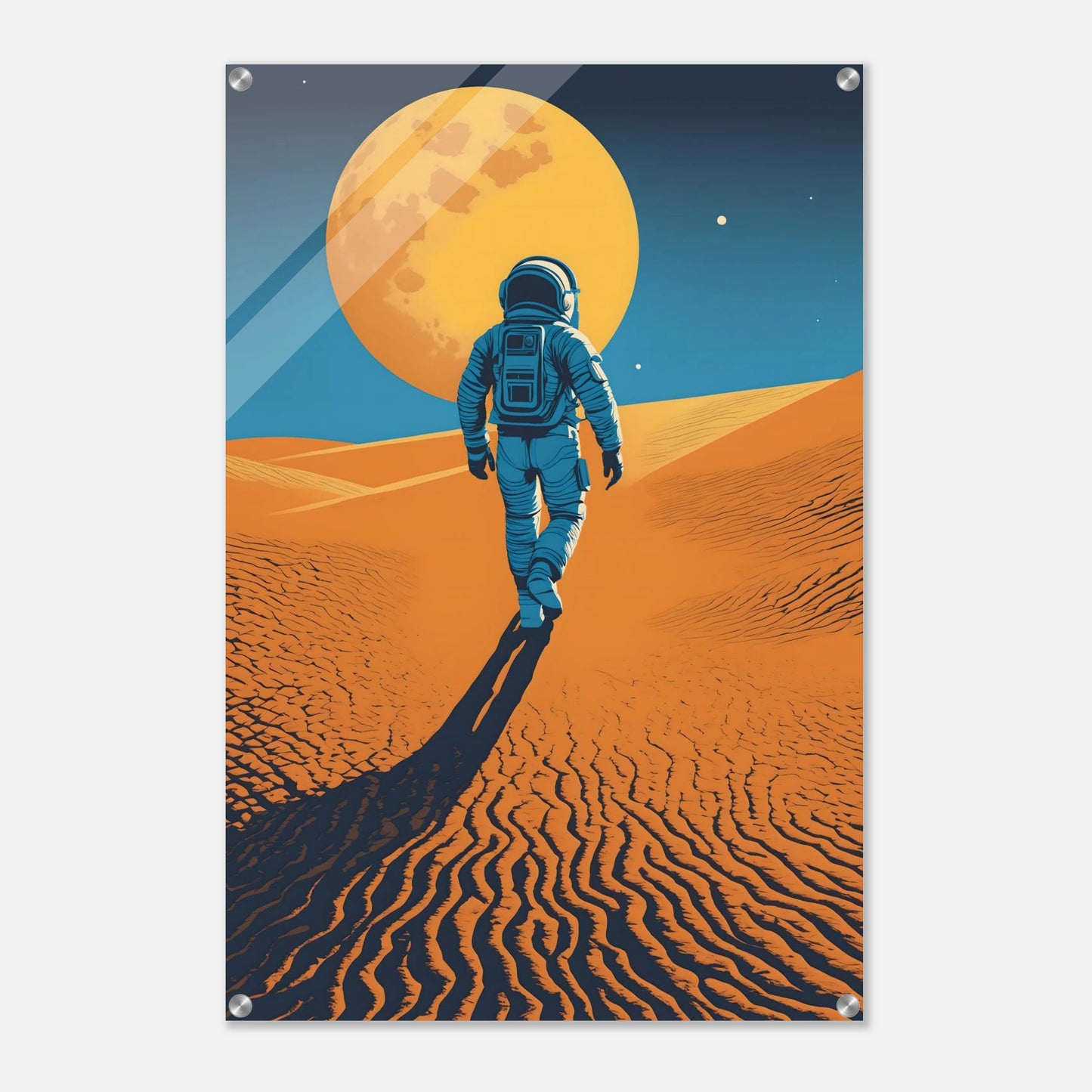 Illustration eines Astronauten, der bei Nacht durch eine orangefarbene Wüstenlandschaft unter einem großen Vollmond wandert. 60x90 cm. Acryl