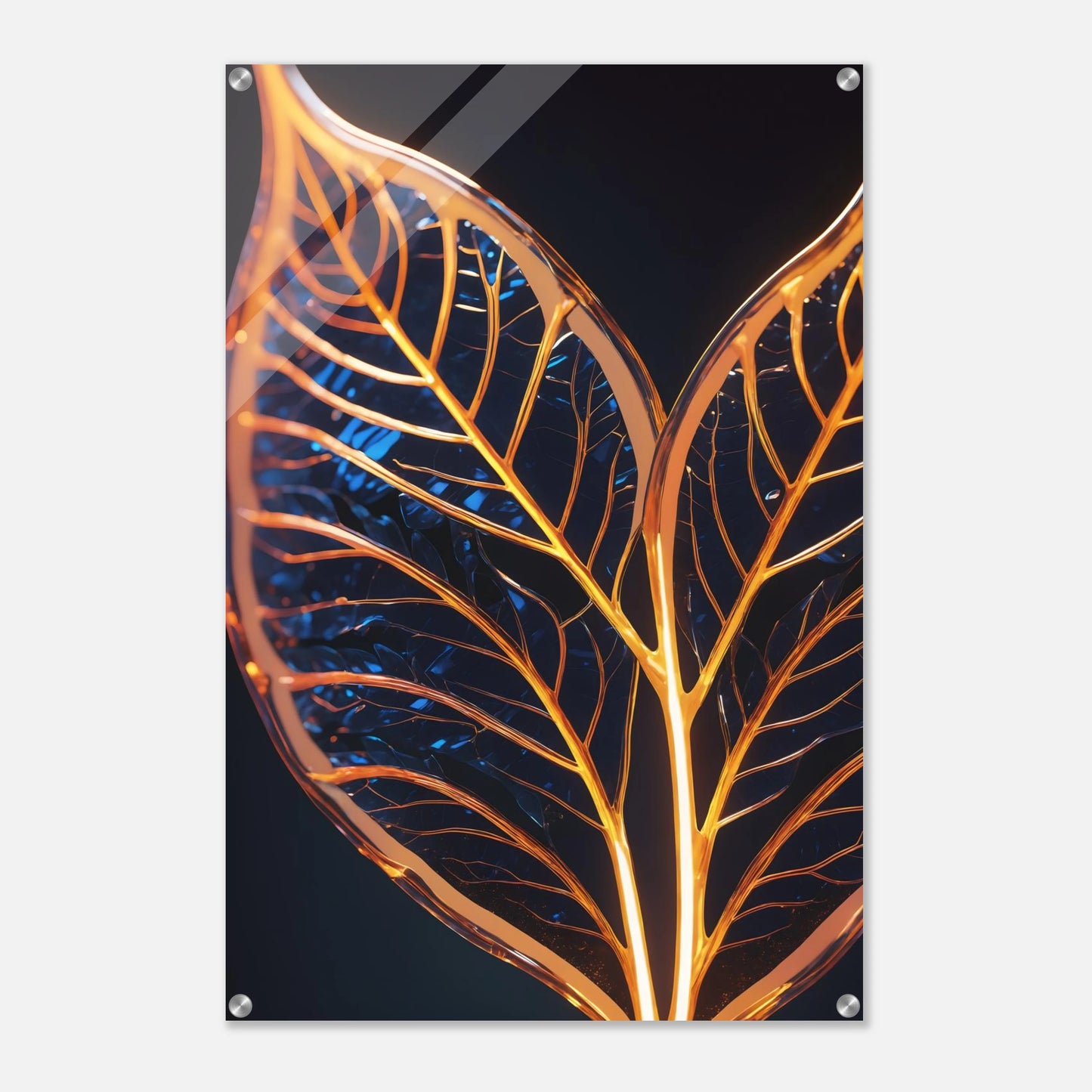 Modernes Wandbild mit zwei goldenen, gläsernen Blättern in Makroaufnahme auf dunklem Hintergrund, Format 60x90 cm. Acryl