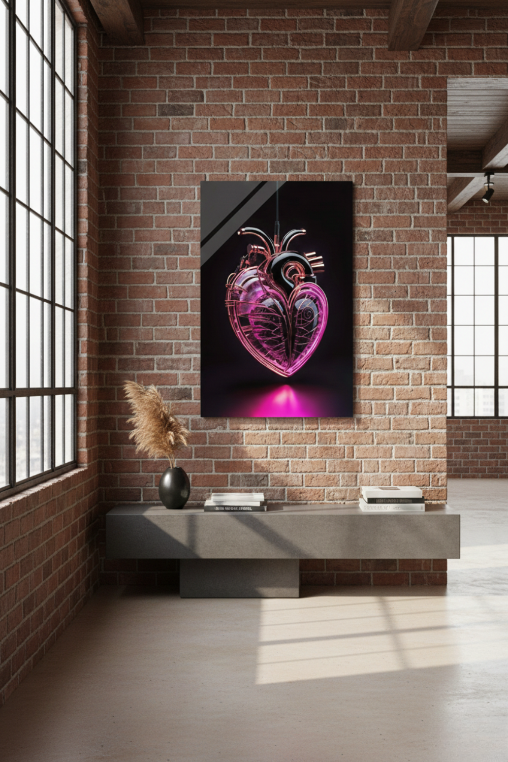 Digitales Kunstwerk eines anatomischen Herzens mit leuchtend pinken Neon-Strukturen und glänzenden schwarzen Oberflächen auf dunklem Grund. Acryl