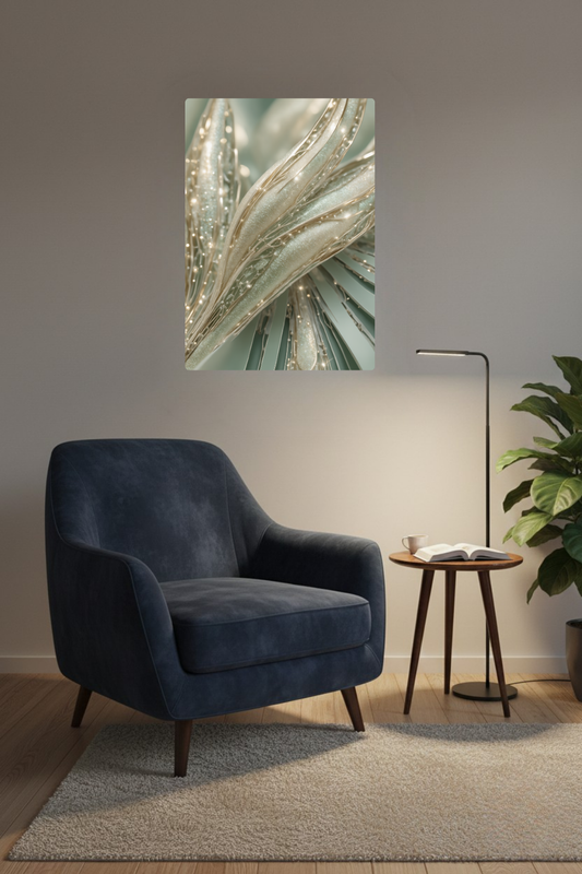 Abstraktes Kunstwerk mit organischen, cremefarbenen Strukturen, glitzernden Kristalldetails und weißen Perlen. Acryl