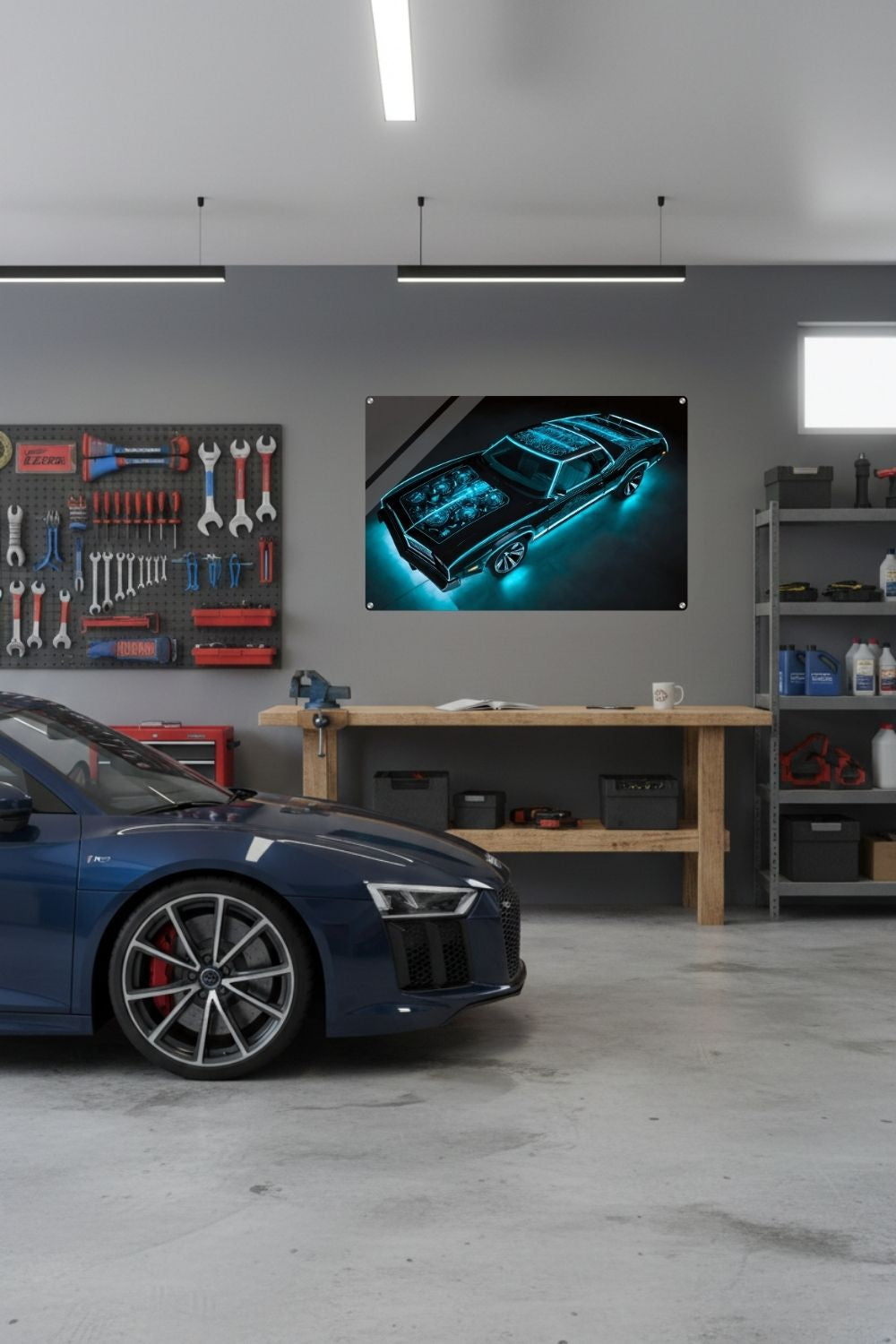 Digitales Kunstwerk eines schwarzen Muscle Cars mit leuchtend türkisen Neon-Umrisslinien und beleuchtetem Motor. Acryl