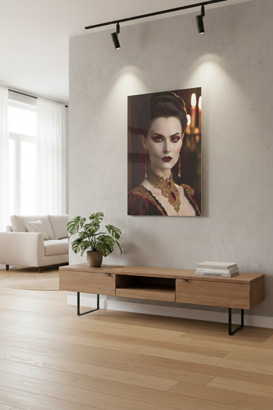 Elegantes Porträt einer Frau im aristokratischen Stil mit roten Augen, rotem Samtkleid und opulentem Goldschmuck vor einem dunklen Hintergrund. Acryl