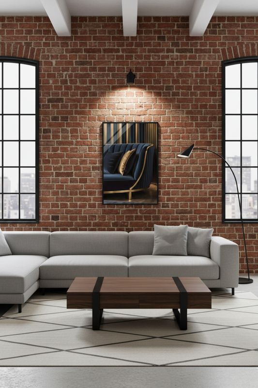 Detailaufnahme eines dunkelblauen Samtsofas mit goldenen Rahmen und Kissen vor einer gold-gestreiften Wand. Acryl