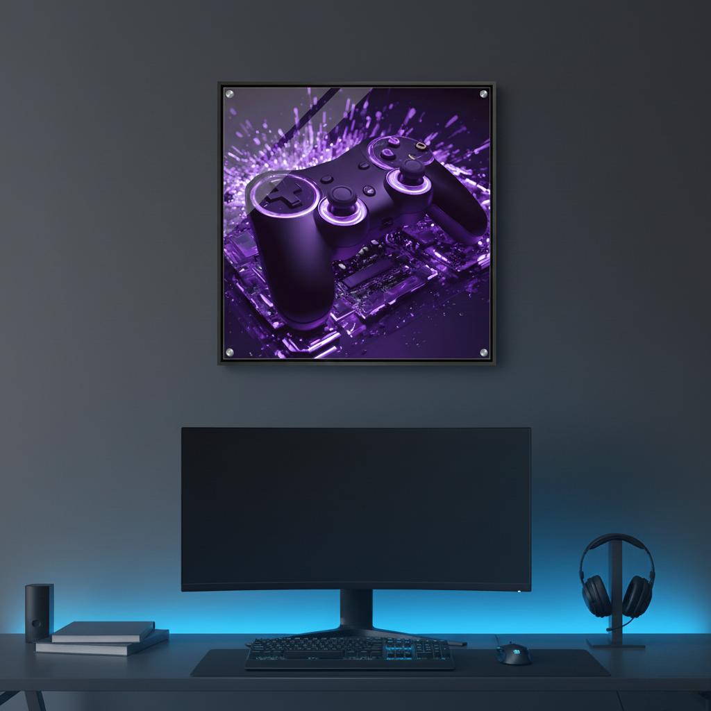 Modernes Gaming-Wandbild mit einem schwarzen Controller, der von violettem Neonlicht und Lichtpartikeln umgeben ist. 60x60 cm. Acryl