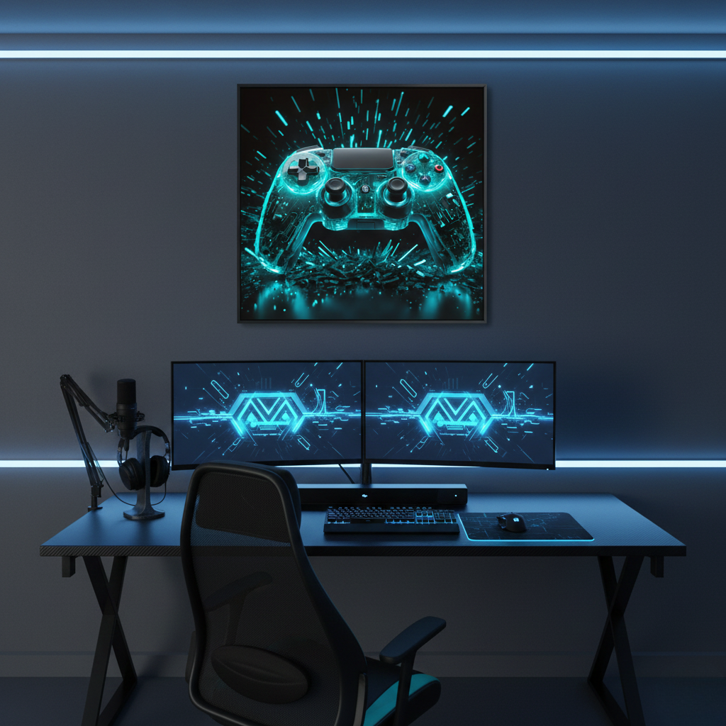 Modernes Wandbild eines transparenten Gaming-Controllers mit leuchtend türkis-cyanfarbenen Schaltkreisen und Licht-Explosion. 60x60 cm. Acryl