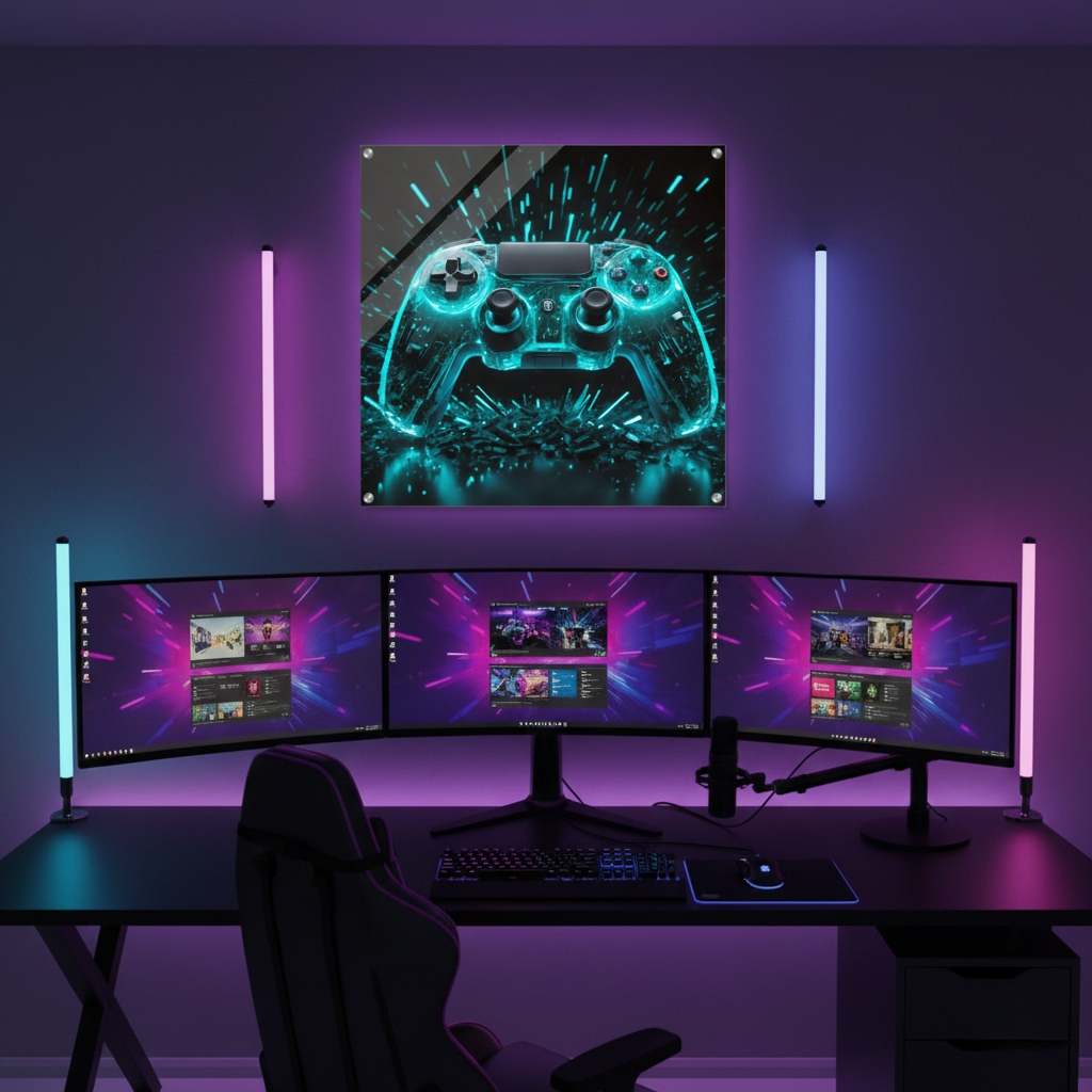 Modernes Wandbild eines transparenten Gaming-Controllers mit leuchtend türkis-cyanfarbenen Schaltkreisen und Licht-Explosion. 60x60 cm. Acryl