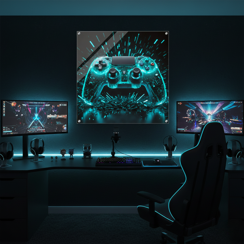 Modernes Wandbild eines transparenten Gaming-Controllers mit leuchtend türkis-cyanfarbenen Schaltkreisen und Licht-Explosion. 60x60 cm. Acryl